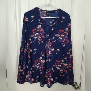 Torrid Navy Floral Button Down Long Sleeve Peasant Top, Plus Size 2
